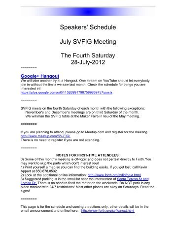 Speakers' Schedule July SVFIG Meeting - Forth Interest Group