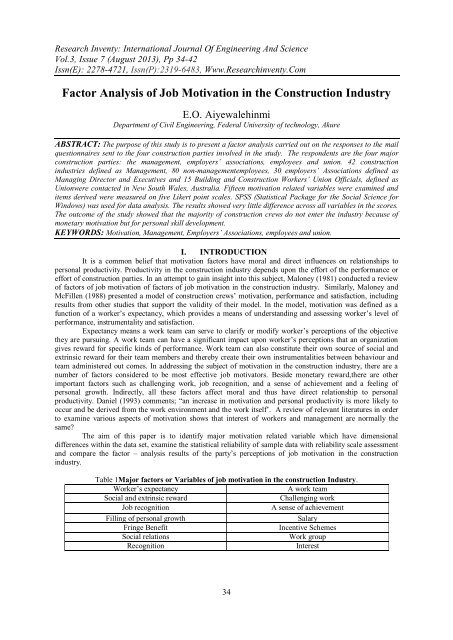 Factor Analysis of Job Motivation in the Construction Industry