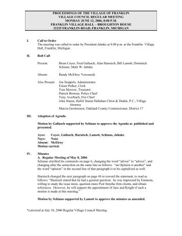 proceedings of the village of franklin village council regular meeting ...