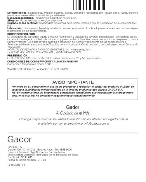 FILTEN CARVEDILOL 3,125 - 6,25- 12,5 - 25 - 50 mg - Gador SA
