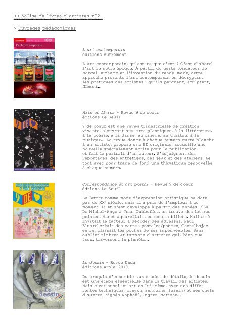 liste du coffret livres d'artistes 2 - Frac des Pays de la Loire