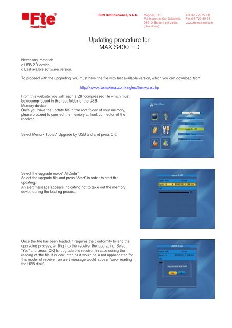 Updating procedure for MAX S400 HD - FTE Maximal