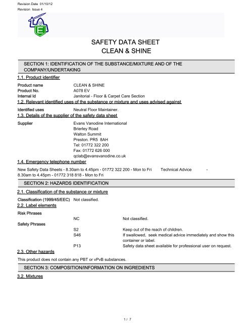 safety data sheet clean & shine - Evans Vanodine International plc