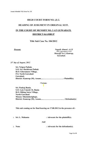 HIGH COURT FORM NO. (J) 2. HEADING OF JUDGMENT IN - Kamrup