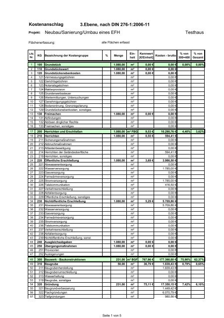 3.ebene, nach DIN 276-1:2006-11 Kostenanschlag Testhaus ...
