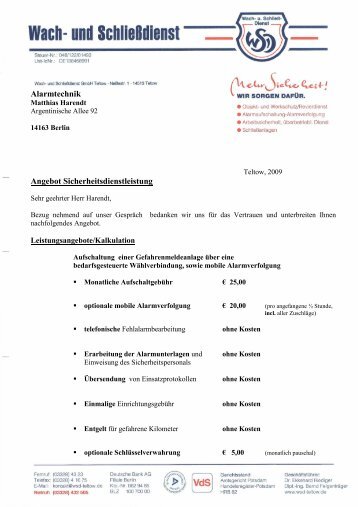 Alarmtechnik Angebot Sicherheitsdienstleistung