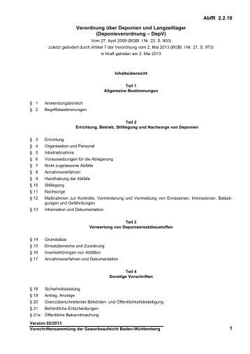 Deponieverordnung - DepV - Gewerbeaufsicht - Baden-Württemberg