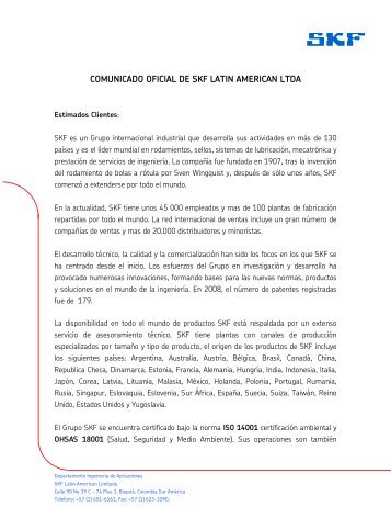 comunicado oficial de skf latin american ltda - FrenoSeguro