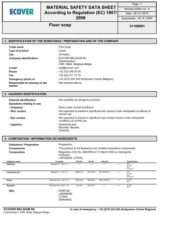 COSHH - Safety data sheet