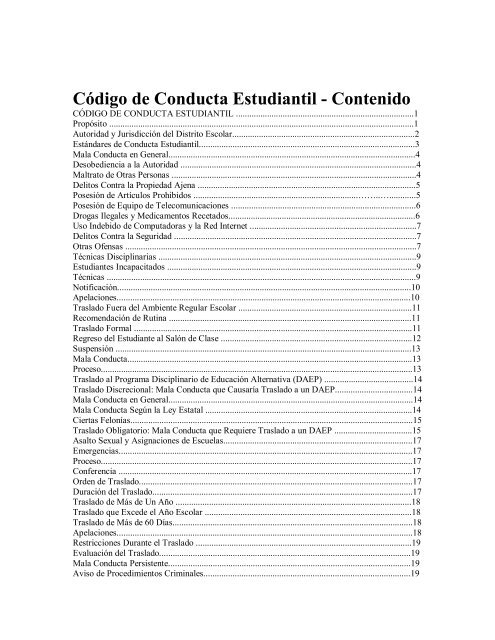 Código de Conducta Estudiantil Contenido - Frisco ISD