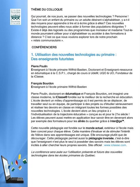 Colloque Littératie et nouvelles technologies - 27 ... - Frontier College