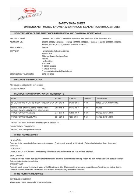 Safety Data Sheet Unibond Anti Mould Shower Bathroom Sealant