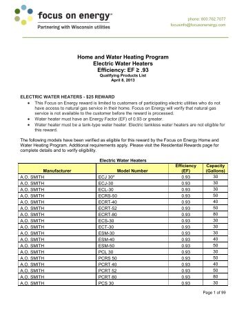 Home and Water Heating Program Electric Water ... - Focus on Energy