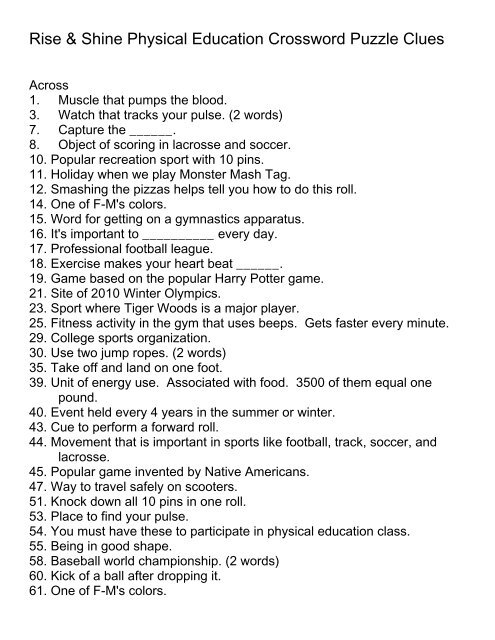 Rise & Shine Physical Education Crossword Puzzle Clues