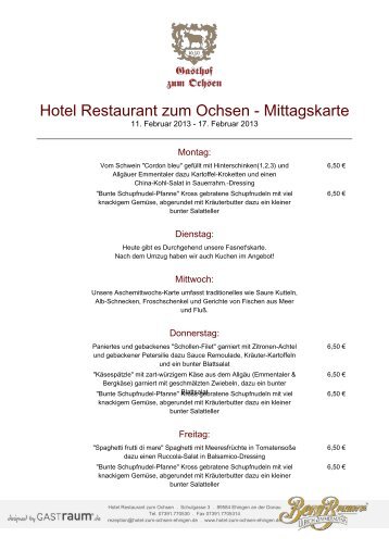 Hotel Restaurant zum Ochsen - Mittagskarte - GastRaum