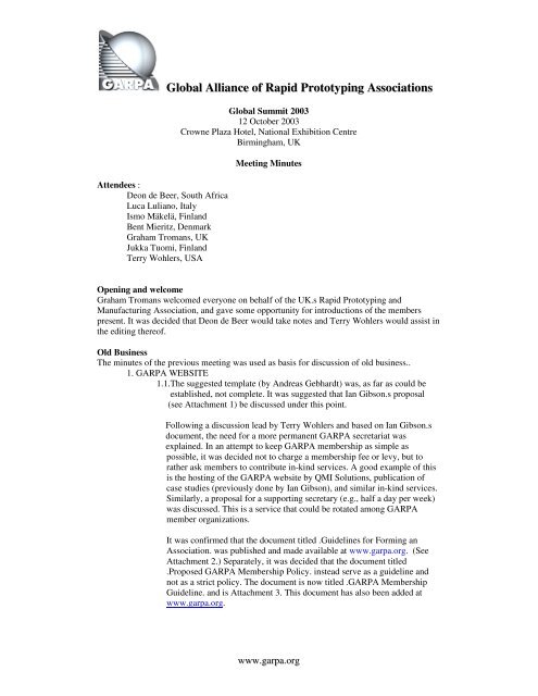 Meeting minutes - Global Alliance of Rapid Prototyping Associations ...