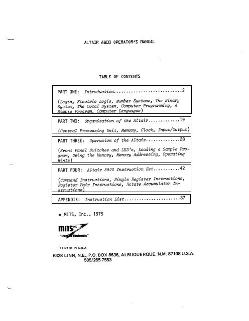 Altair 8800 Operators Manual - Classiccmp...