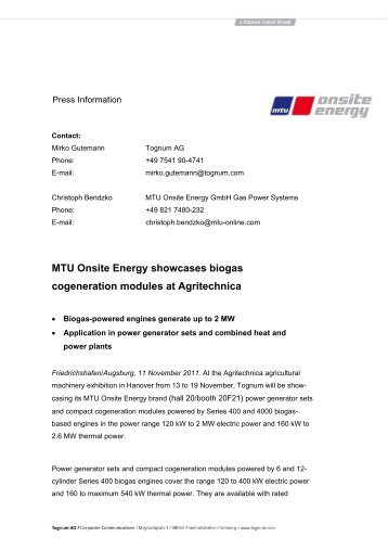 MTU Onsite Energy showcases biogas cogeneration modules at ...