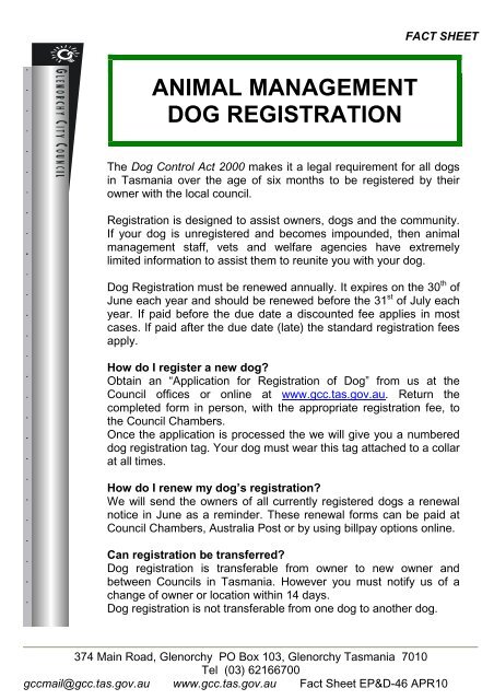 Animal Management Dog Registration Glenorchy City Council