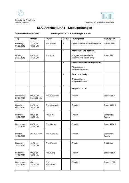 M.A. Architektur A1 - Modulprüfungen - Fakultät für Architektur ...