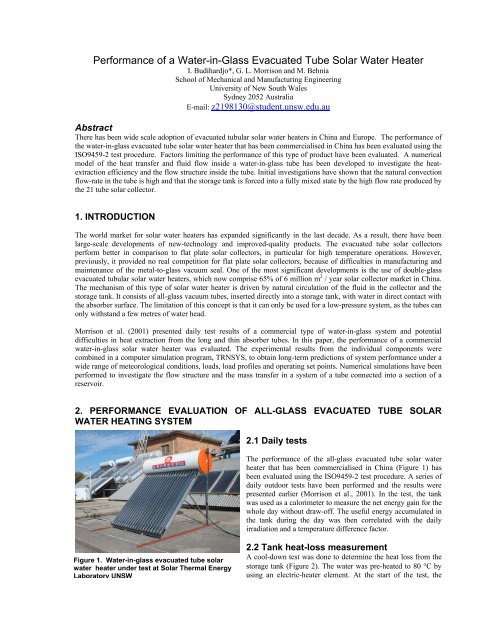 Performance Of A Water In Glass Evacuated Tube Solar Water