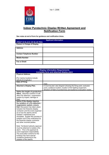 Indoor Pyrotechnic Display Written Agreement and Notification Form