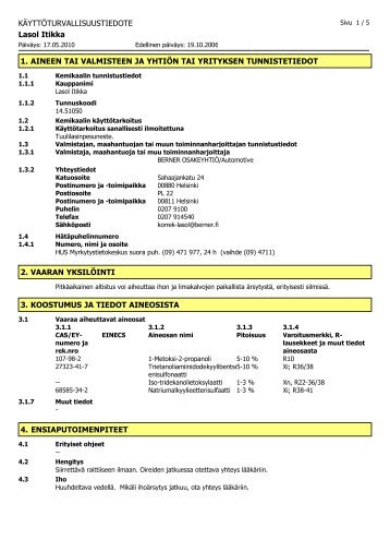 KÄYTTÖTURVALLISUUSTIEDOTE Lasol Itikka 1. AINEEN TAI ...