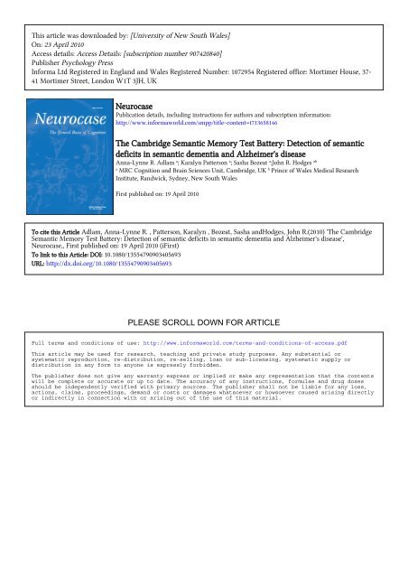 Neurocase The Cambridge Semantic Memory Test Battery ...