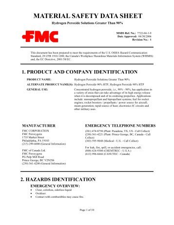 Hydrogen Peroxide Solutions Greater Than 90 Fmc Corporation Hydrogen Peroxide Solutions Greater Than 90 Fmc Corporation