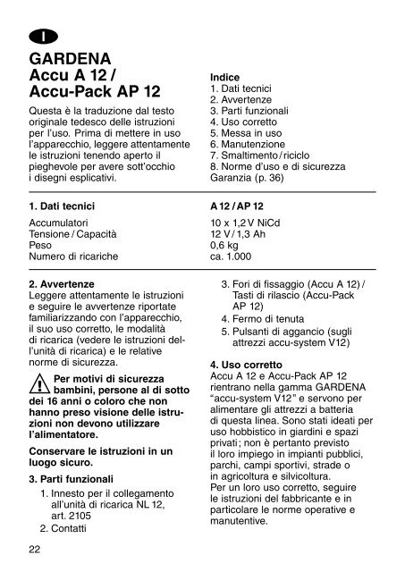 OM, Gardena, Accu A 12 / Accu-Pack AP 12, Art 02109-20, Art ...