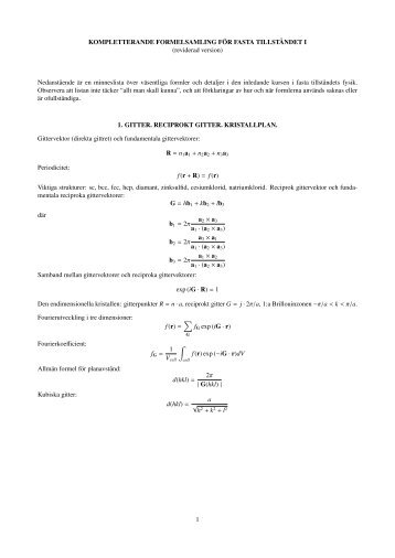 KOMPLETTERANDE FORMELSAMLING FÖR FASTA TILLSTÅNDET I