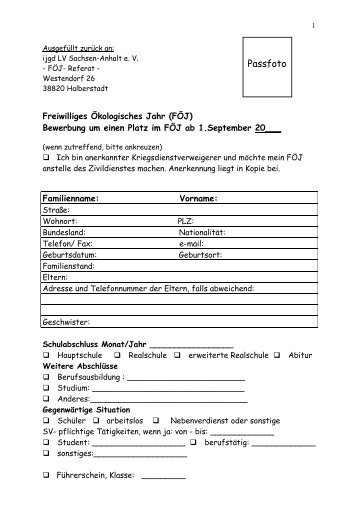 Bewerbungsbogen für Freiwilliges Ökologisches ... - Freiwillig Dabei