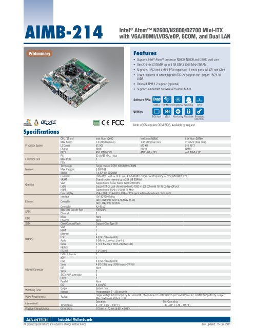 Features AIMB-214 Intel® Atom™ N2600/N2800/D2700 Mini-ITX ...