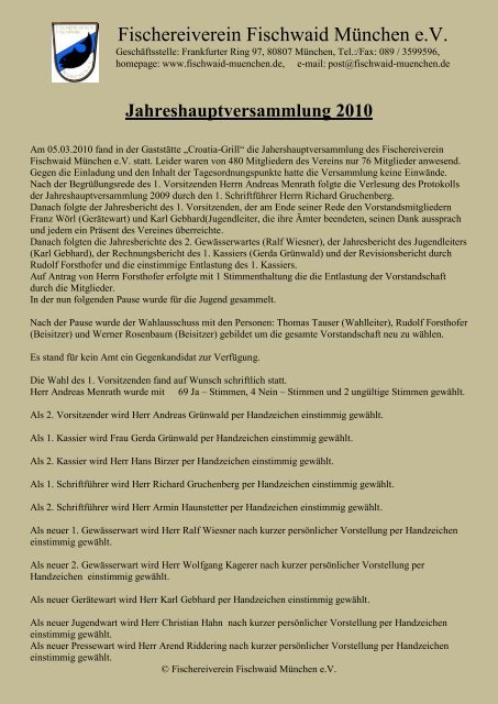 Jahreshauptversammlung 2010 - Fischwaid München