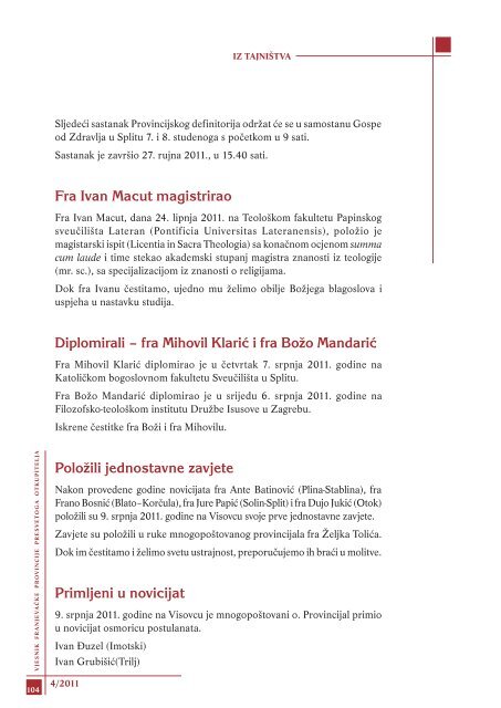 Vjesnik Provincije 4/2011. - Franjevačka provincija Presvetog ...