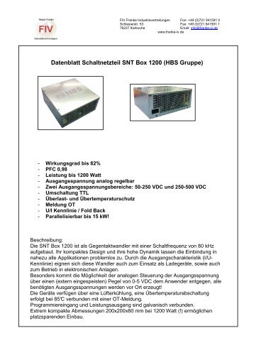 Datenblatt Schaltnetzteil SNT Box 1200 - FIV Franke ...