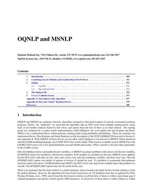 OQNLP and MSNLP - Gams