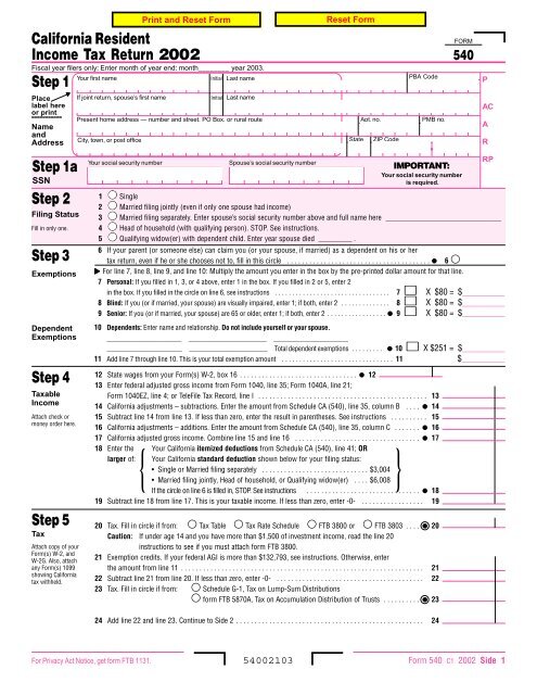 Form 540 California Adjustments Residence