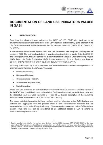 DOCUMENTATION OF LAND USE INDICATORS ... - GaBi Software