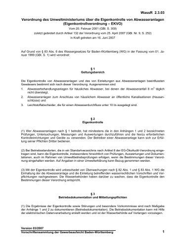 Verordnung des Umweltministeriums über die Eigenkontrolle von ...