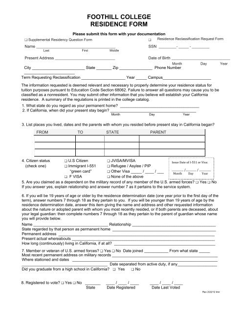 Residence form - Foothill College