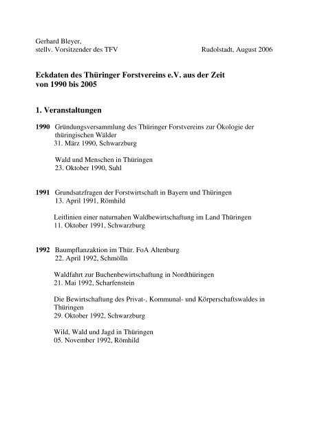 Eckdaten des Thüringer Forstvereins e.V. aus der Zeit von 1990 bis ...