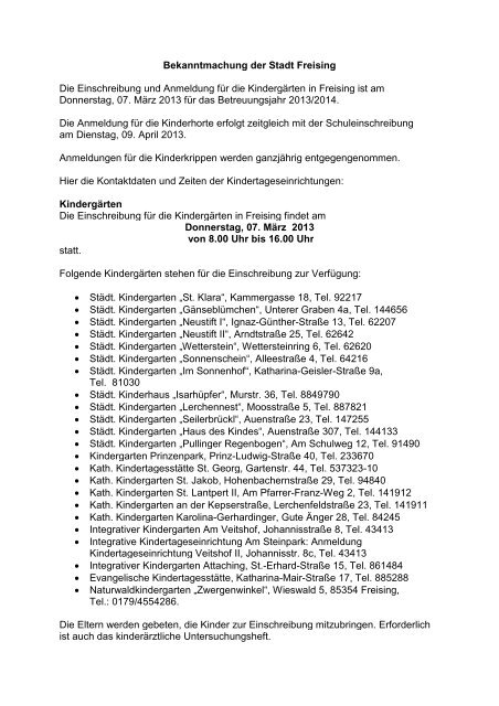 Bekanntmachung der Stadt Freising Die Einschreibung und ...