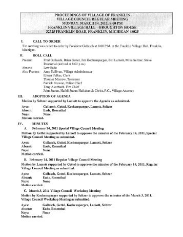 Village Council Meeting Minutes - March 14, 2011 - Village of Franklin
