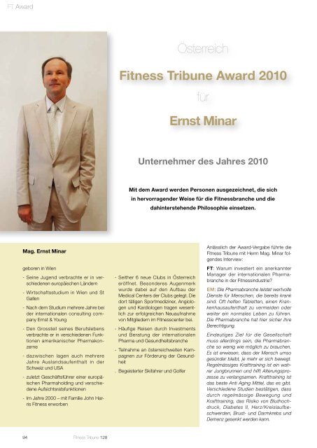 Österreich Fitness Tribune Award 2010 für Ernst Minar