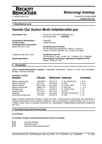 Biztonsági Adatlap Vanish Oxi Action Multi folteltávolító ... - Galatea Kft.