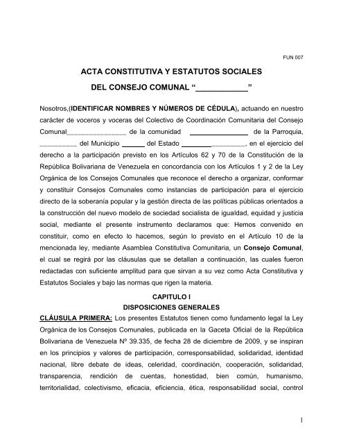 acta constitutiva y estatutos sociales del consejo comunal