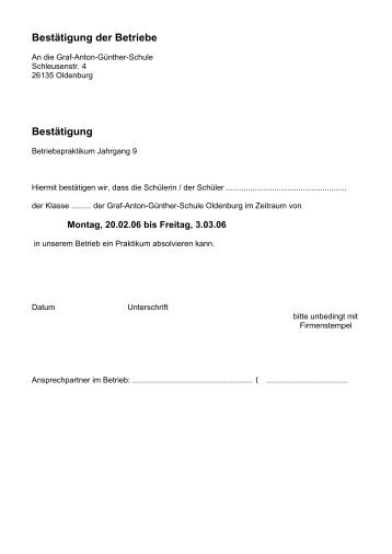 Bestätigung der Betriebe - Graf-Anton-Günther-Schule Oldenburg