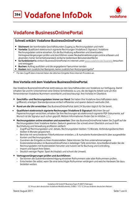 Infodok 394: Vodafone Businessonlineportal