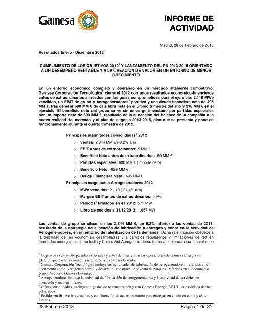 Informe de Actividad 2012 - Gamesa